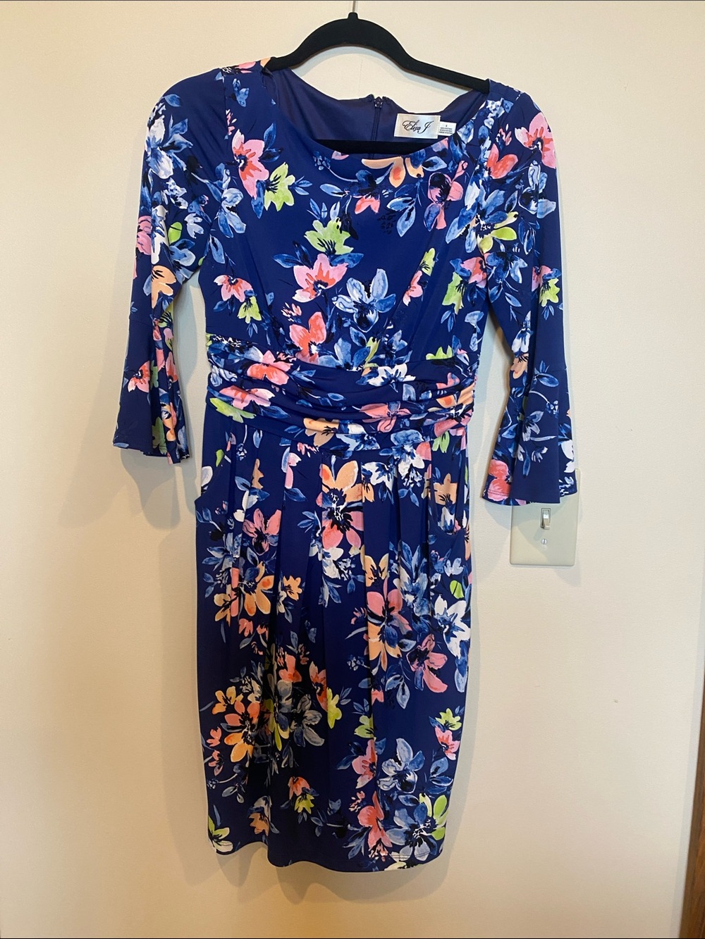 Eliza J Navy Floral Midi Dress with Ruched Waist